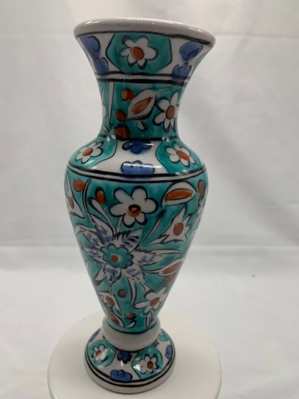 Handmade Greek Icaros Pottery Vase With Floral & Bird Motif Turquoise & White